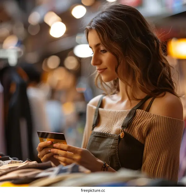 Young woman paying with credit card in clothing store