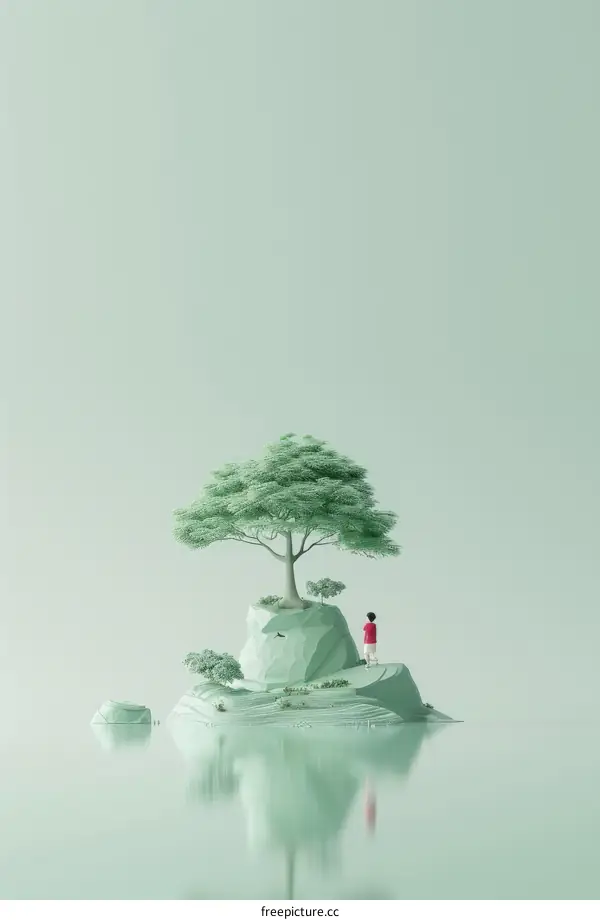 boy looking at a small tree on a rock in the middle of the water