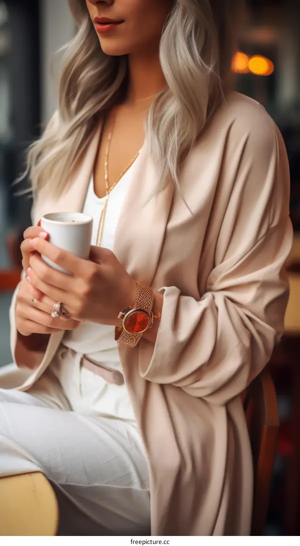 Elegant blonde woman drinking coffee in a cafe