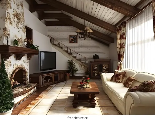 Modern Rustic Living Room With Fireplace And Exposed Beams