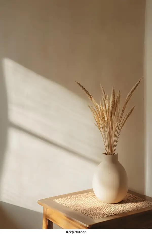 Minimalist Interior Design with Dried Wheat in a Vase on Wooden Table