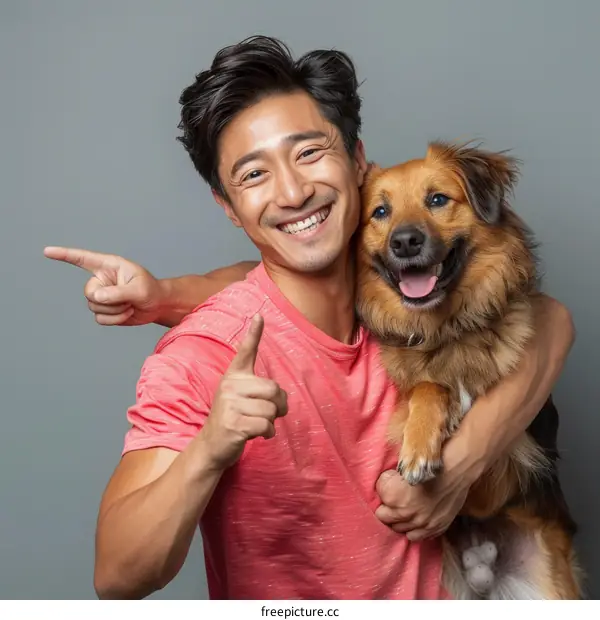 Portrait of a happy Asian man with his dog