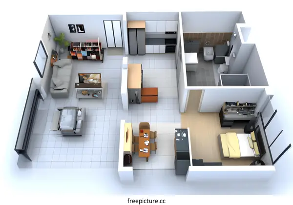 3D Floor Plan of Apartment with Living Room, Kitchen, Bedroom, and Bathroom