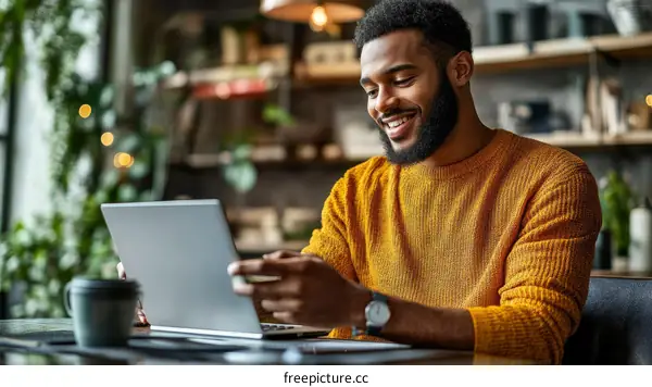 African American Man Working on Laptop in Cafe