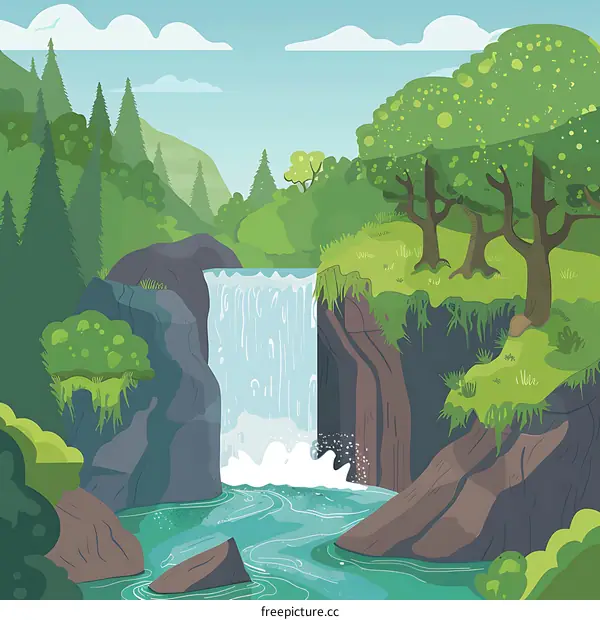 Waterfall in Green Forest Landscape