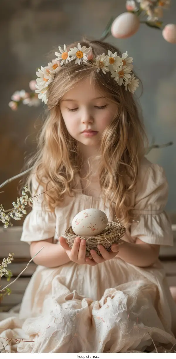 Adorable Blonde Girl with Easter Eggs in Spring Nest
