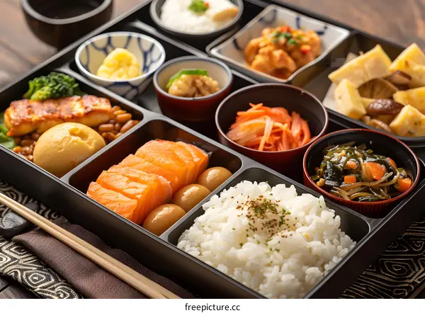 Japanese bento box with salmon and rice
