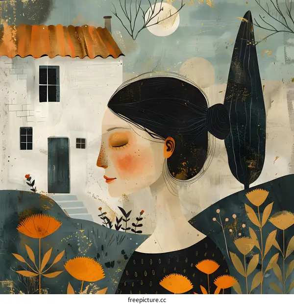 A girl with long black hair standing in a field of flowers with a house in the background