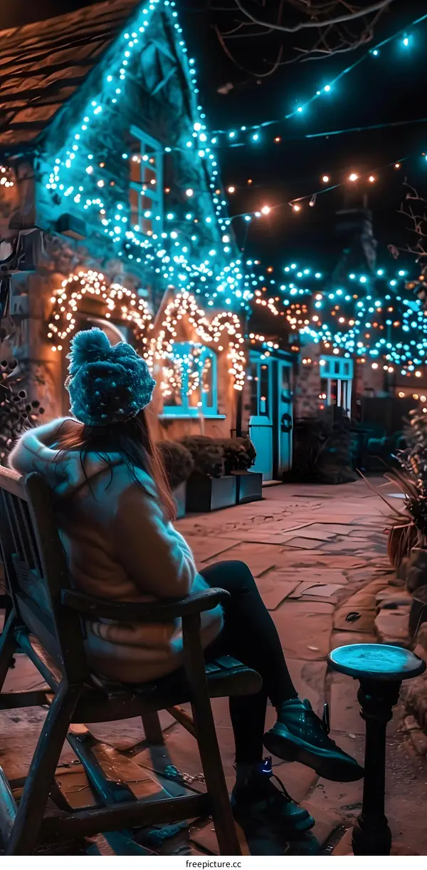 Woman Sitting on a Bench in Front of a House with Christmas Lights