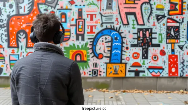 Man with headphones in front of a colorful mural
