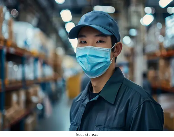 Portrait of a masked Asian man working in a warehouse