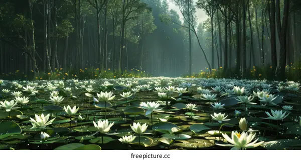 White Water Lilies in a Pond Surrounded by Verdant Forest
