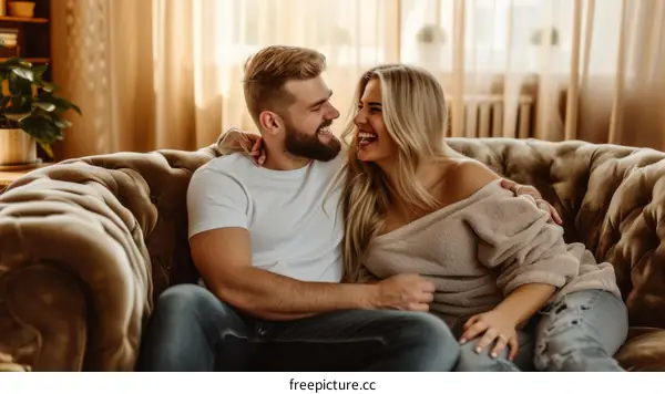 A happy couple is sitting on the couch and laughing
