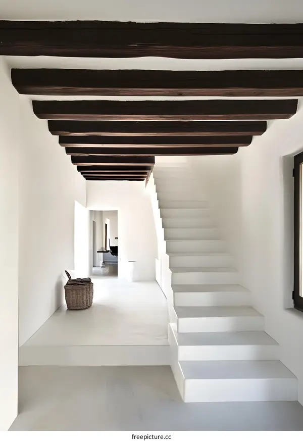 Modern White Hallway with Wooden Beams and White Stairs