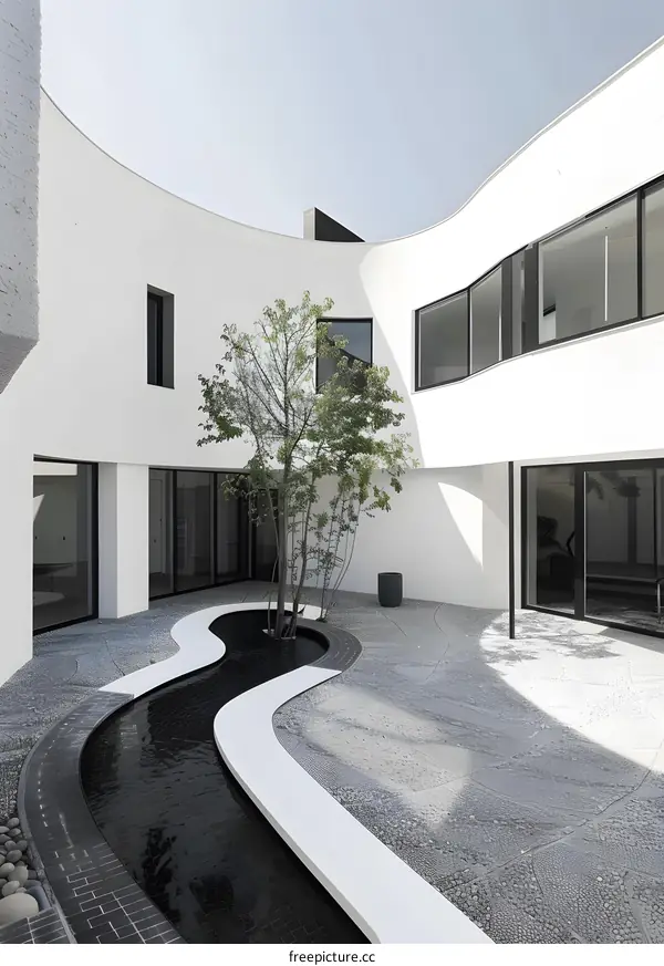 Modern Minimalist Courtyard with Curved Walls and Water Feature