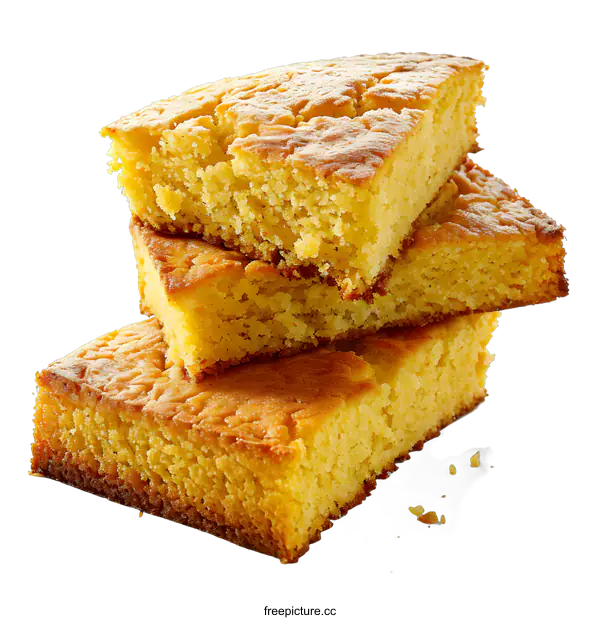 [Transparent Background PNG]Three slices of cornbread stacked on a white surface