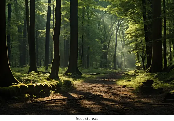 Sunlight streaming through a canopy of trees in a forest