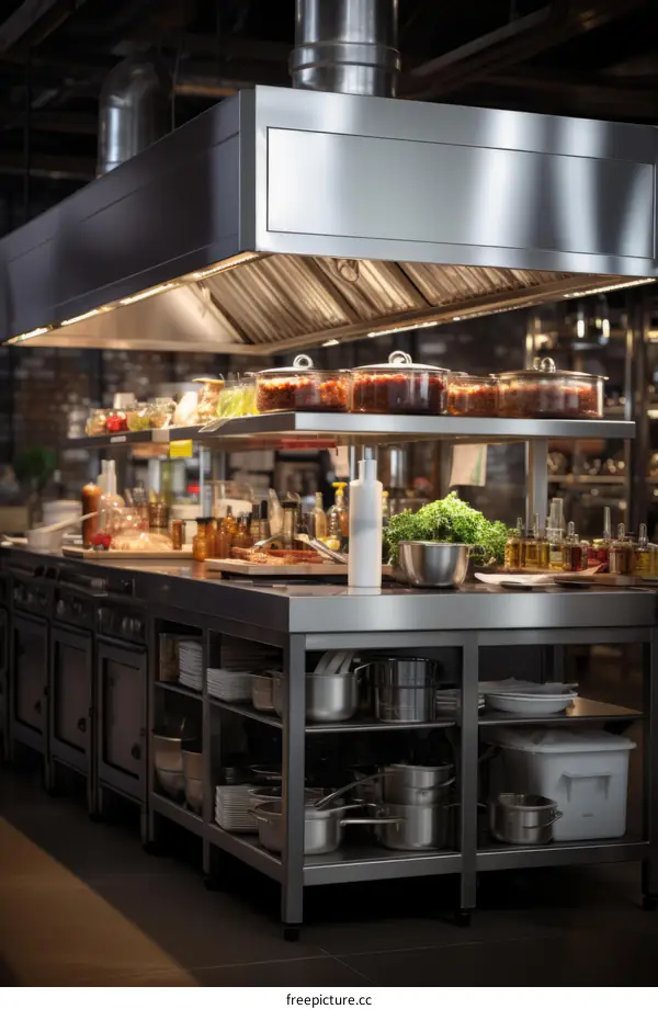 A commercial kitchen with stainless steel appliances and a large exhaust hood