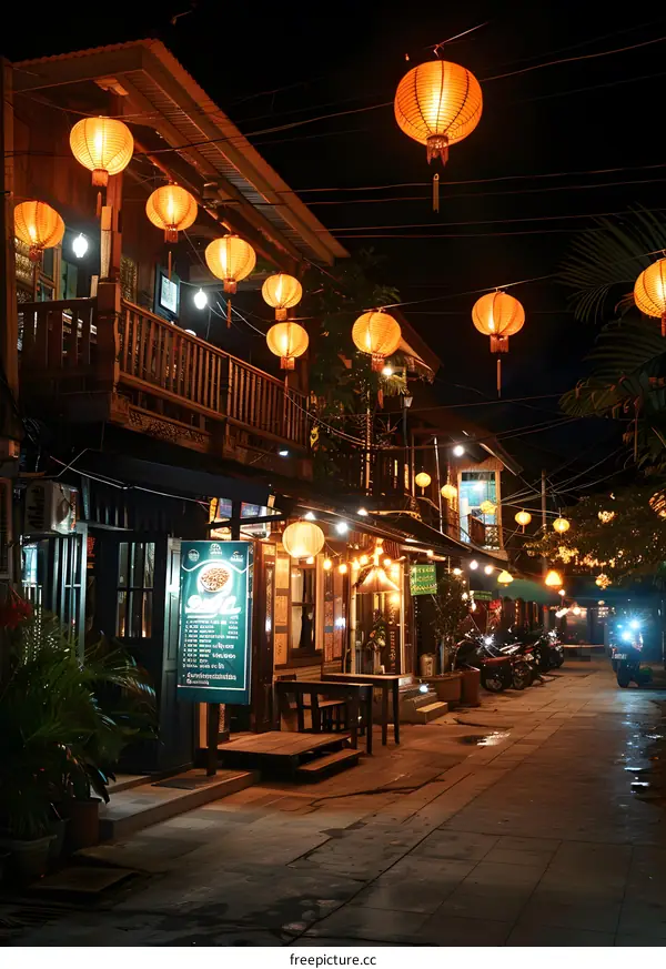 Night view of a street with paper lanterns