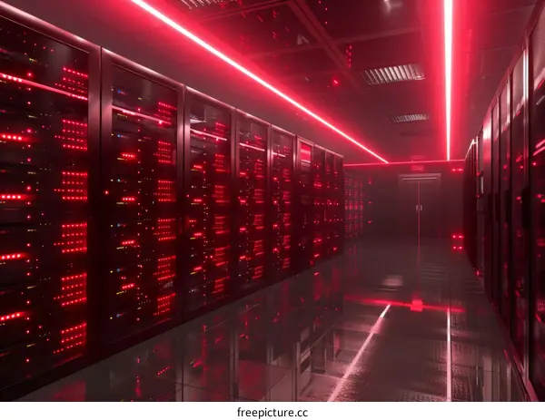 futuristic red server room with supercomputers