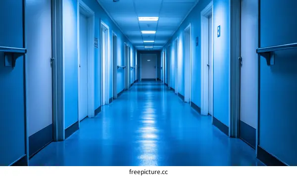 Empty Hospital Corridor with Blue Walls