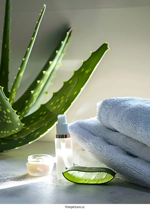 Aloe Vera Plant With Skin Care Products And Towels On Grey Background