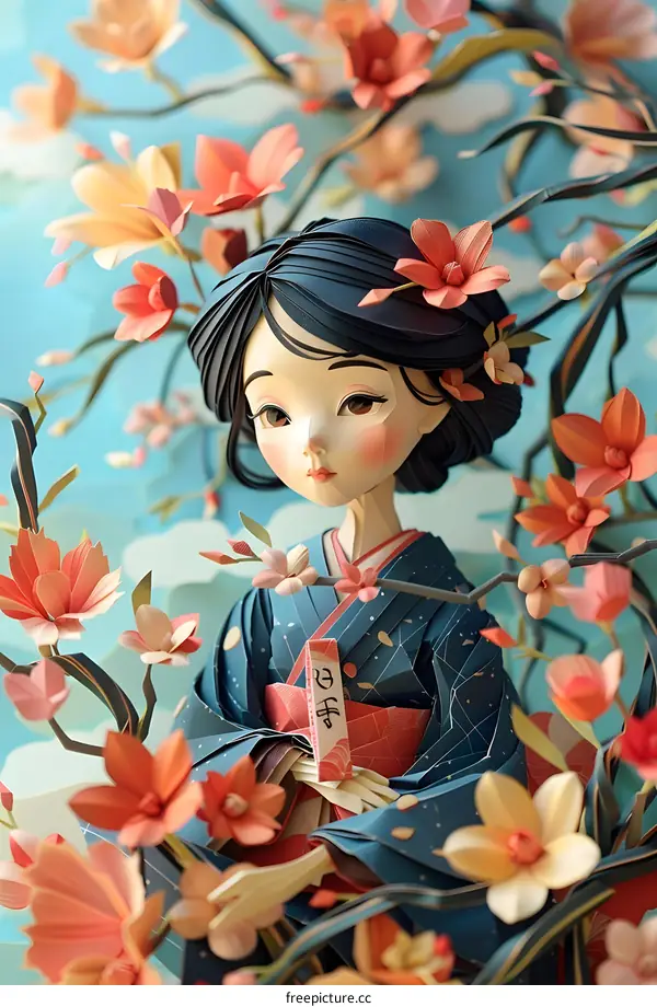 Paper Art Illustration Of Asian Woman In Traditional Kimono With Flowers