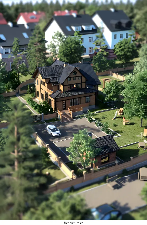 Aerial View of a Modern House with a Car in the Driveway