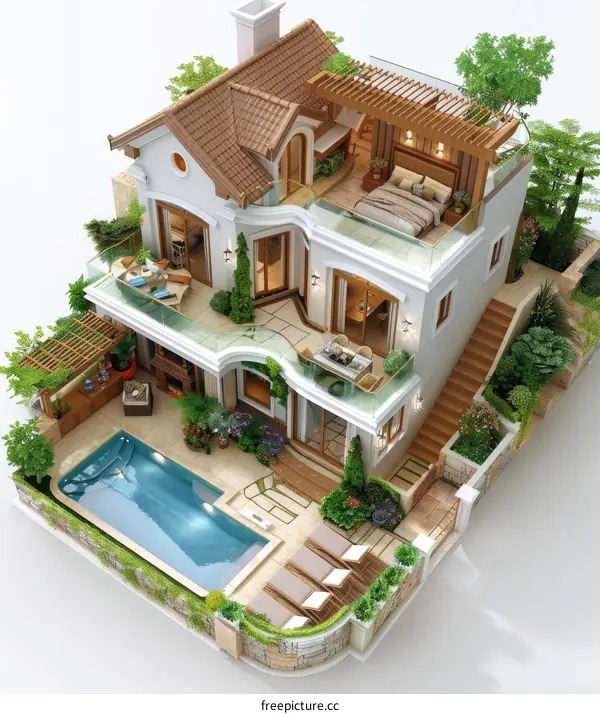 3D Illustration of a Luxurious Villa with Pool