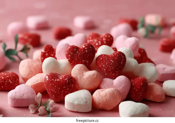 Colorful Heart Shaped Candies on Pink Background