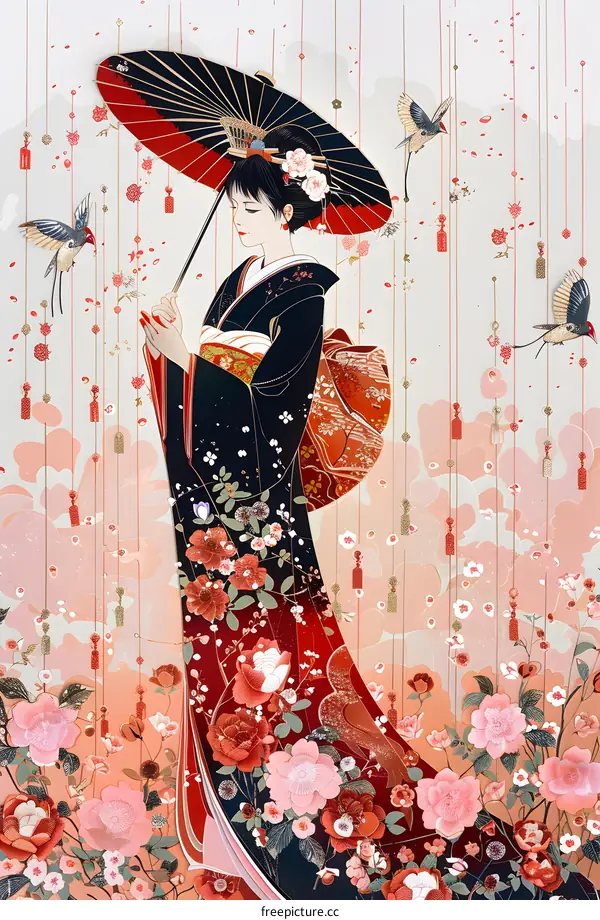 Geisha in a Floral Garden