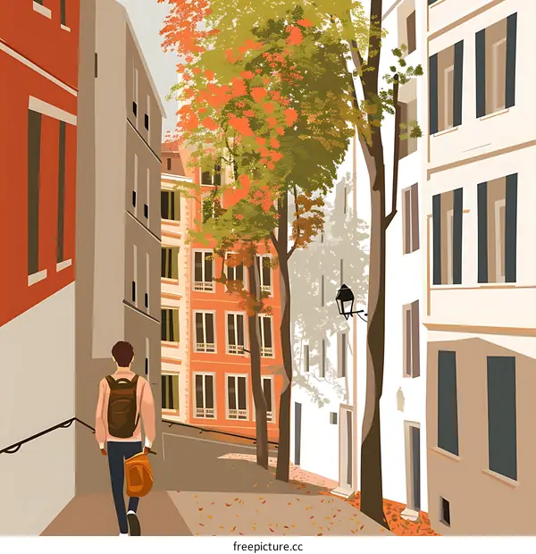 Man Walking Down a Narrow Street in an Old European City