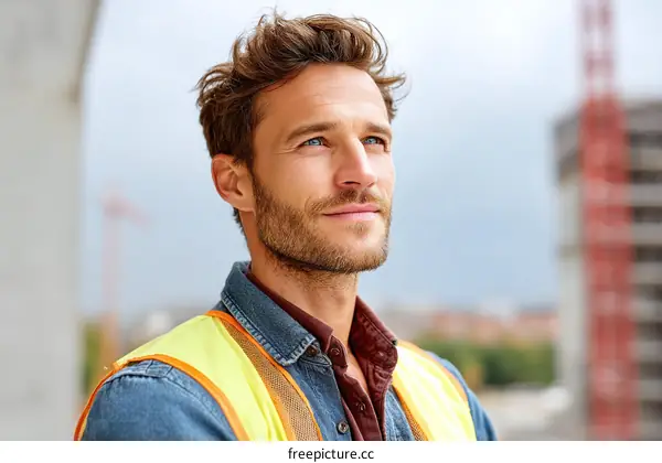 Construction Worker Looking Ahead in a Cityscape