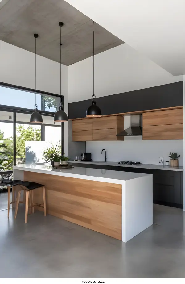 Modern Kitchen Interior Design With Concrete Ceiling and Wooden Cabinets