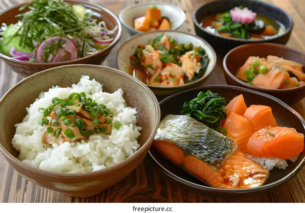 Japanese Cuisine with Salmon and Rice