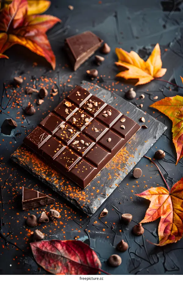 Dark Chocolate Bar with Autumn Leaves