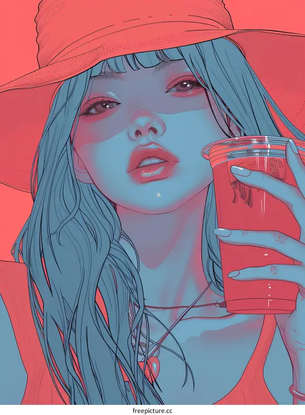 A girl with blue hair and red hat is drinking juice