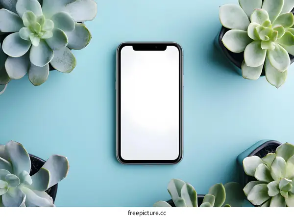 Modern Smartphone Mockup with Succulents on Blue Background