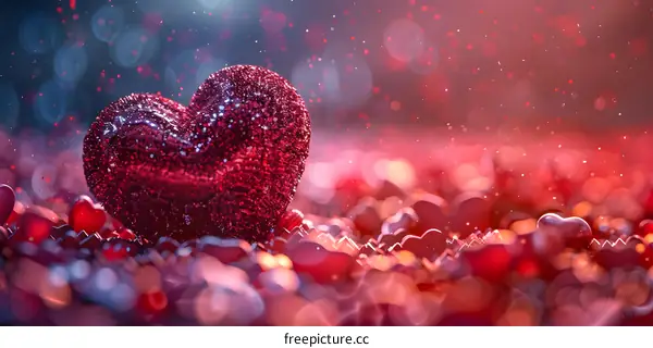 A red plush heart-shaped object is lying on a red plush cloth, surrounded by many small red heart-shaped objects