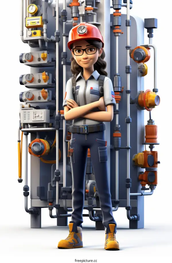 Female Engineer Standing by Large Industrial Machine
