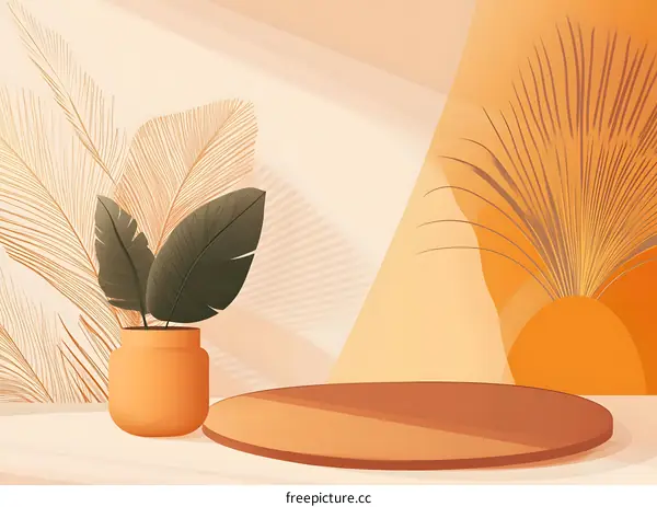 Minimalist  Illustration with Orange and Brown Tones with Tropical Leaves