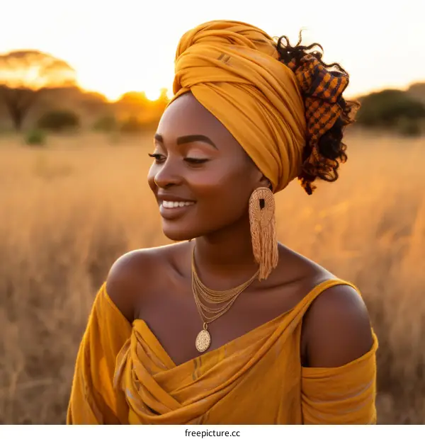 Portrait of a smiling African woman wearing a yellow headscarf