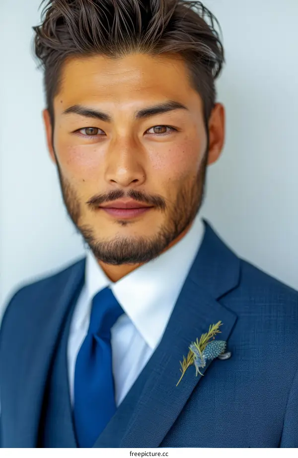 Asian man in a blue suit and tie