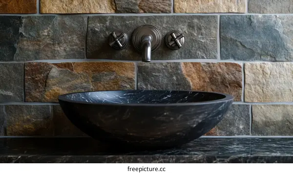 Dark Stone Vessel Sink and Wall Tiles