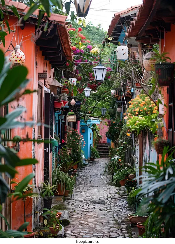 Cobblestone Street with Flowers