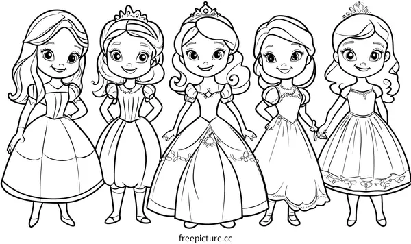 Four Little Princesses Coloring Book Illustration