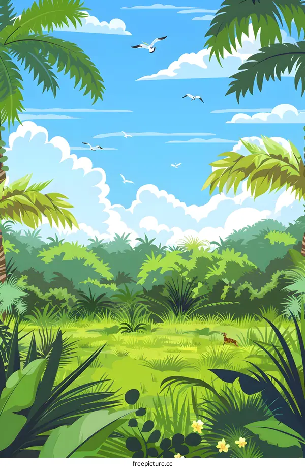 Tropical Rainforest Illustration with Lush Green Foliage and Blue Sky