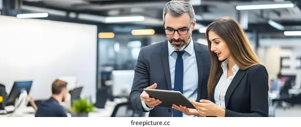 Two Business Professionals Discuss Work on Tablet