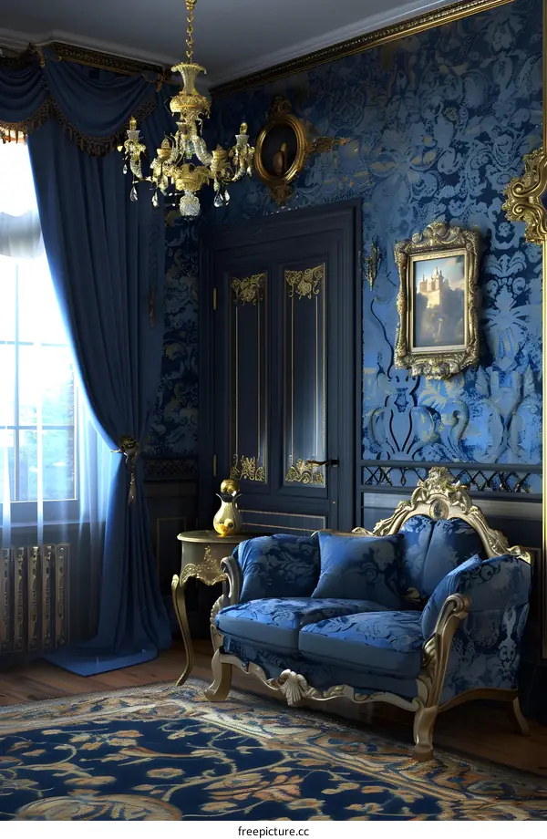 Blue and Gold Interior Design with  Ornate Chandelier and Sofa