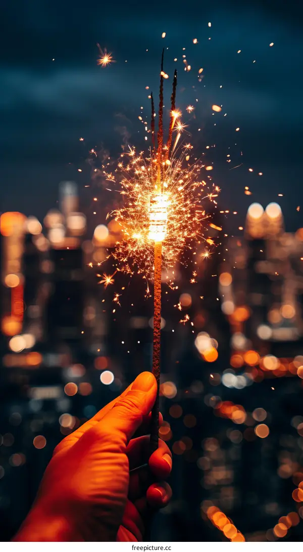 Hand holding a firework stick with a blurred city in the background